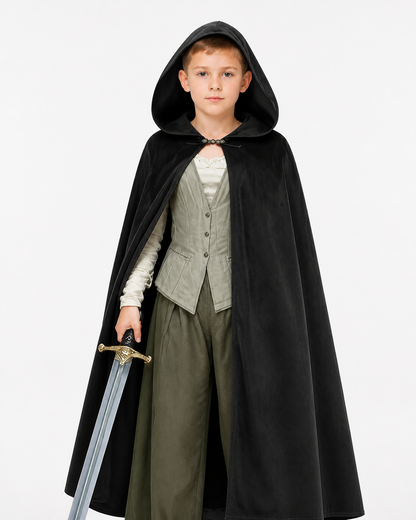 Adult Black Long Hooded Cloak with a Wide Hem