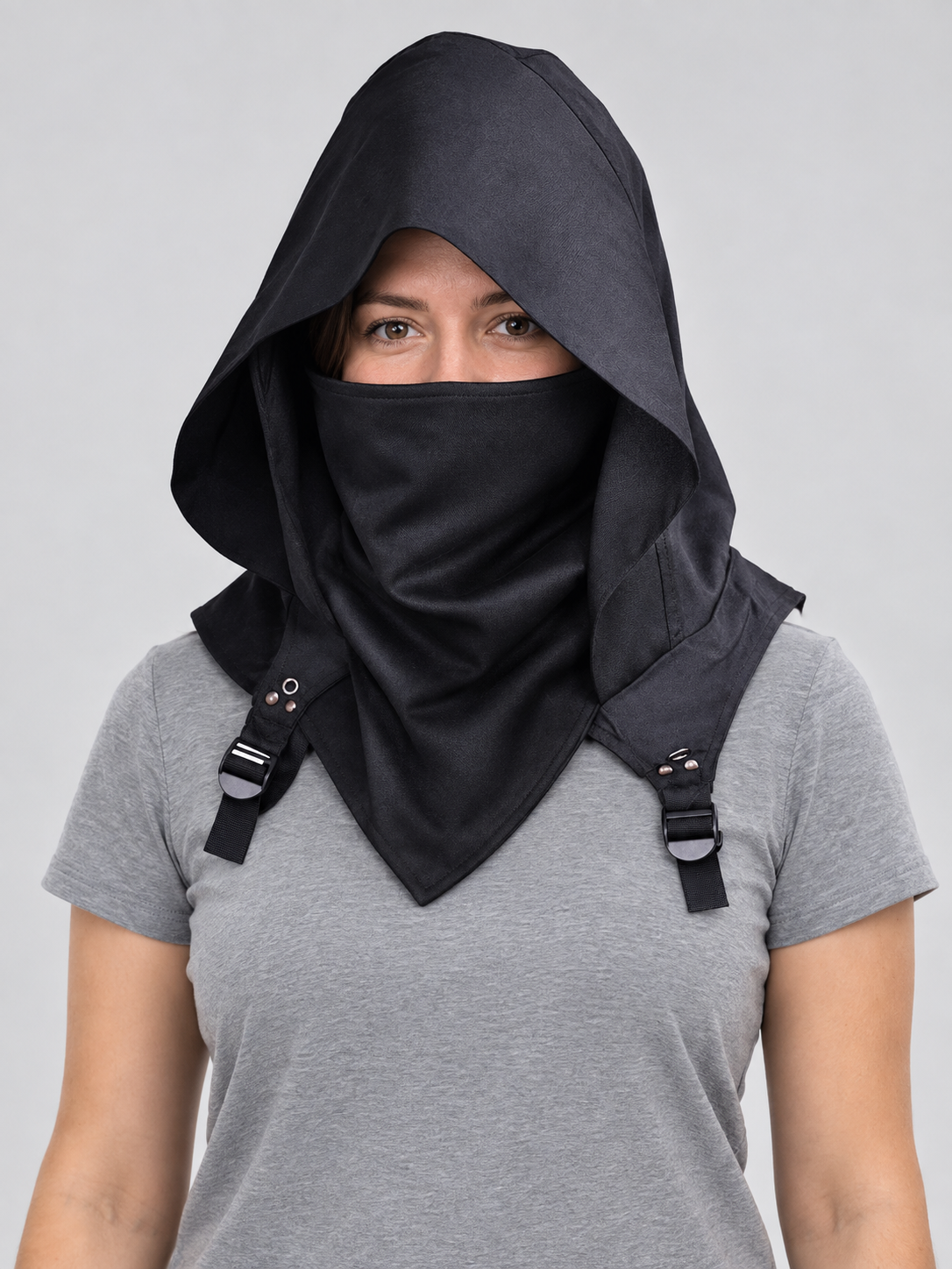 Black hood-mask made of suit fabric with a cutout