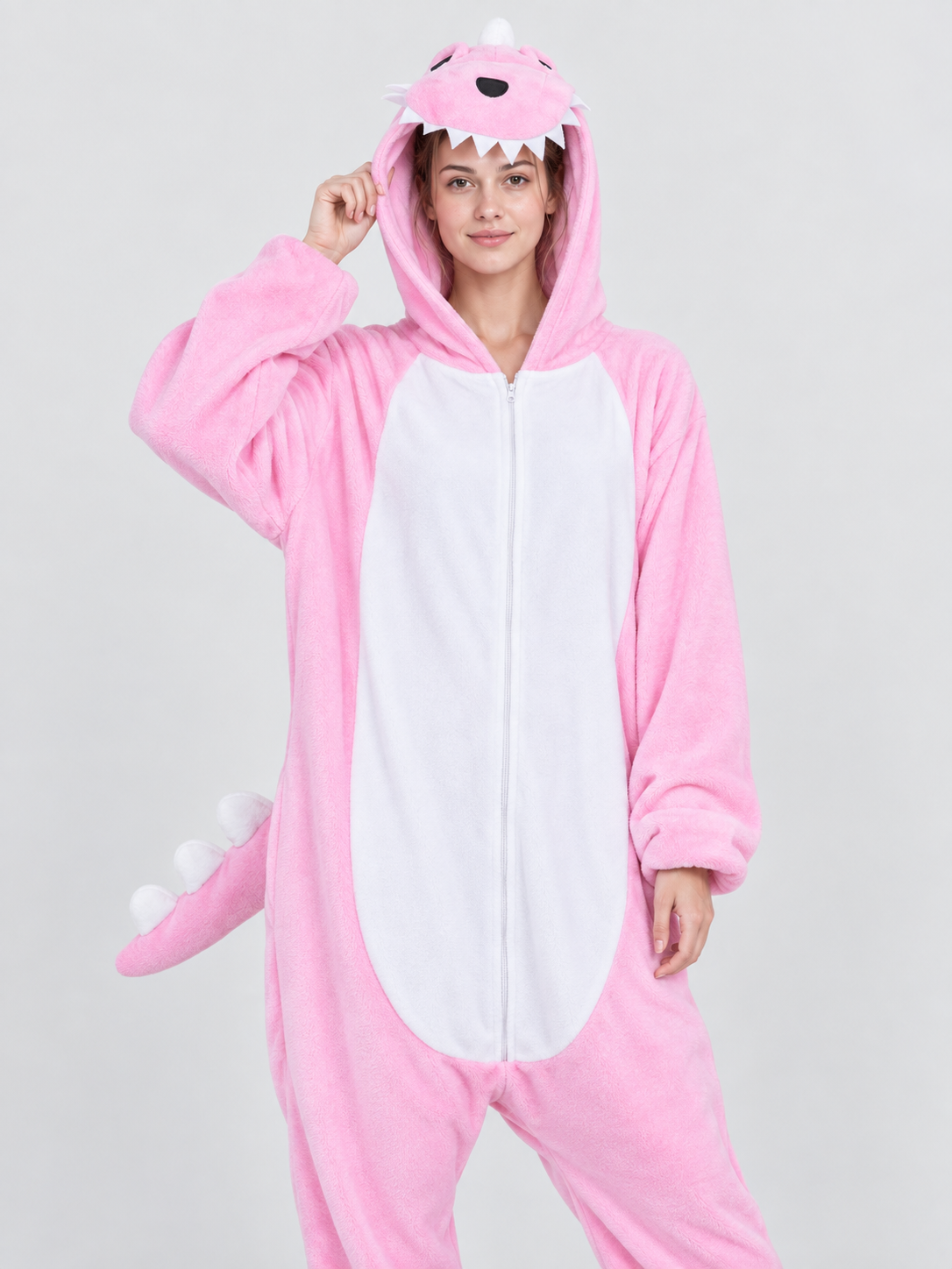 Pink and white pajama jumpsuit with dragon hood