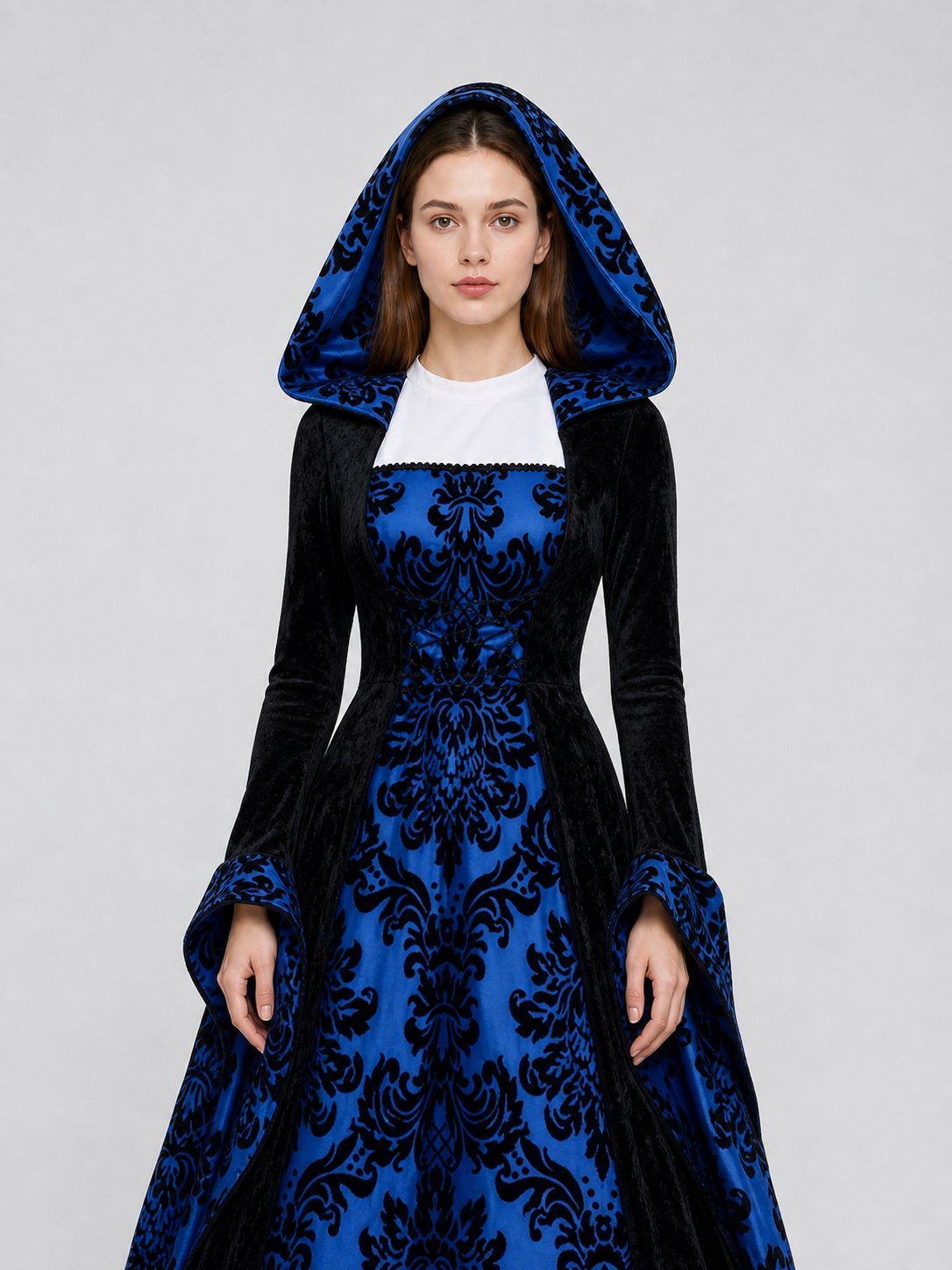 Gothic Hooded Dress with Damask Pattern