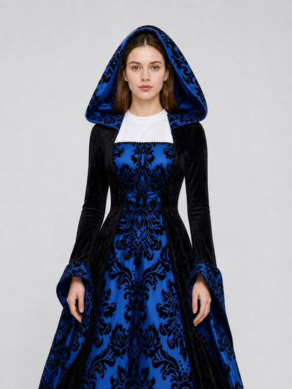 Gothic Hooded Dress with Damask Pattern