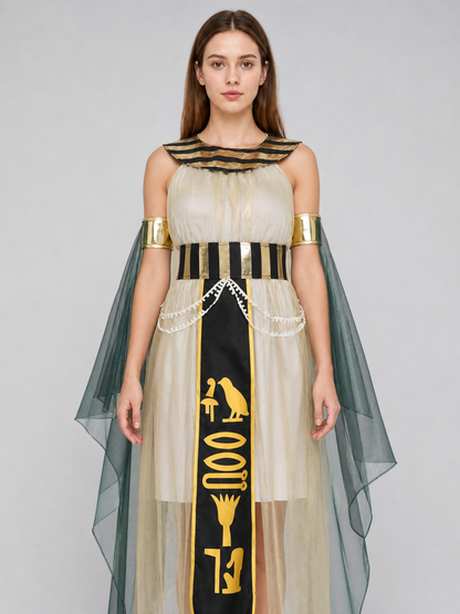 Women’s Egyptian Pharaoh Queen Halloween Cosplay Dress Set with Headpiece, Belt, Arm Accessories and Draped Sleeves for Stage Performance