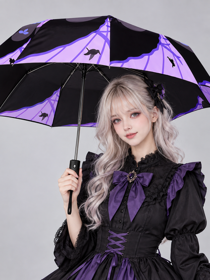 Foldable Automatic Umbrella Black and Purple with Print