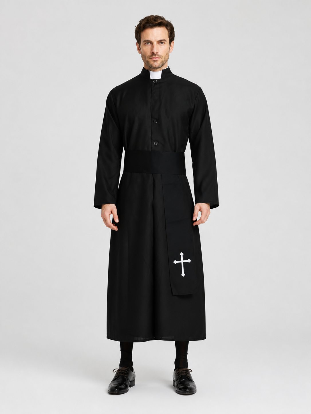 Priest Costume for Role-Playing, Black Cassock with Cross Costumes detail 3