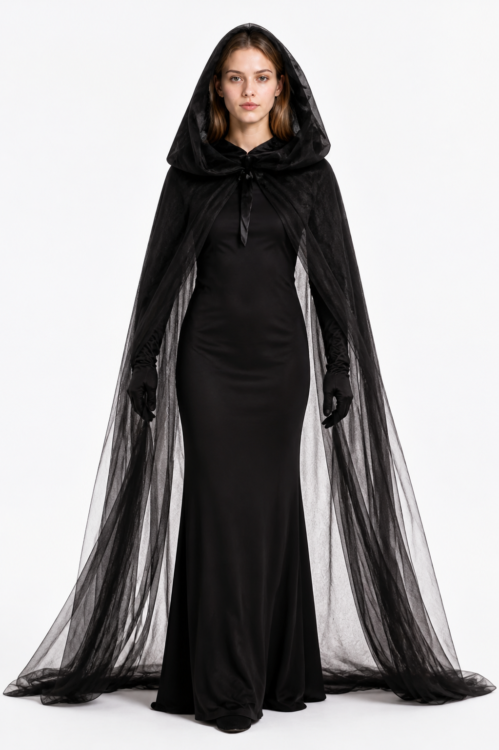 Black Witch Costume with Cape and Gloves Costume Capes detail 3