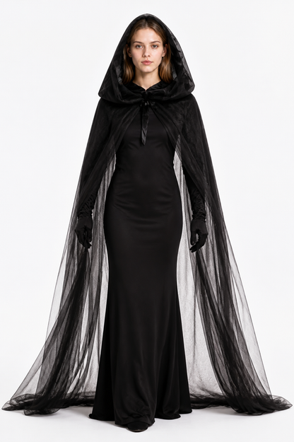 Black Witch Costume with Cape and Gloves Costume Capes detail 3