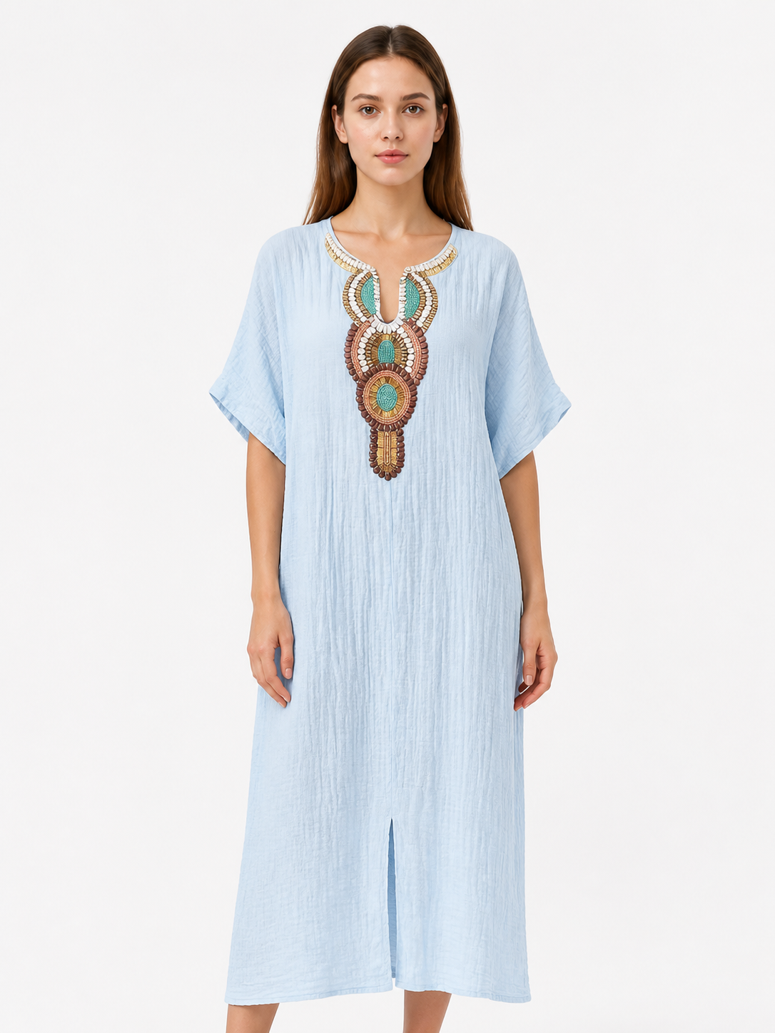 Loose-Fit Embroidered Midi Dress with Short Sleeves Costume Dresses detail 3