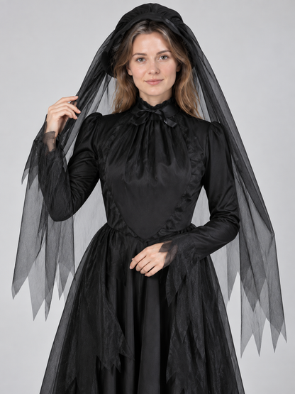 Vampire Carnival Costume with Veil and Hat, Black