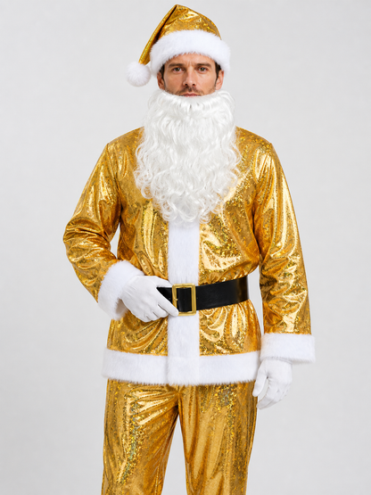 Gold Santa Claus Costume with Beard, Festive Set Costumes detail 3