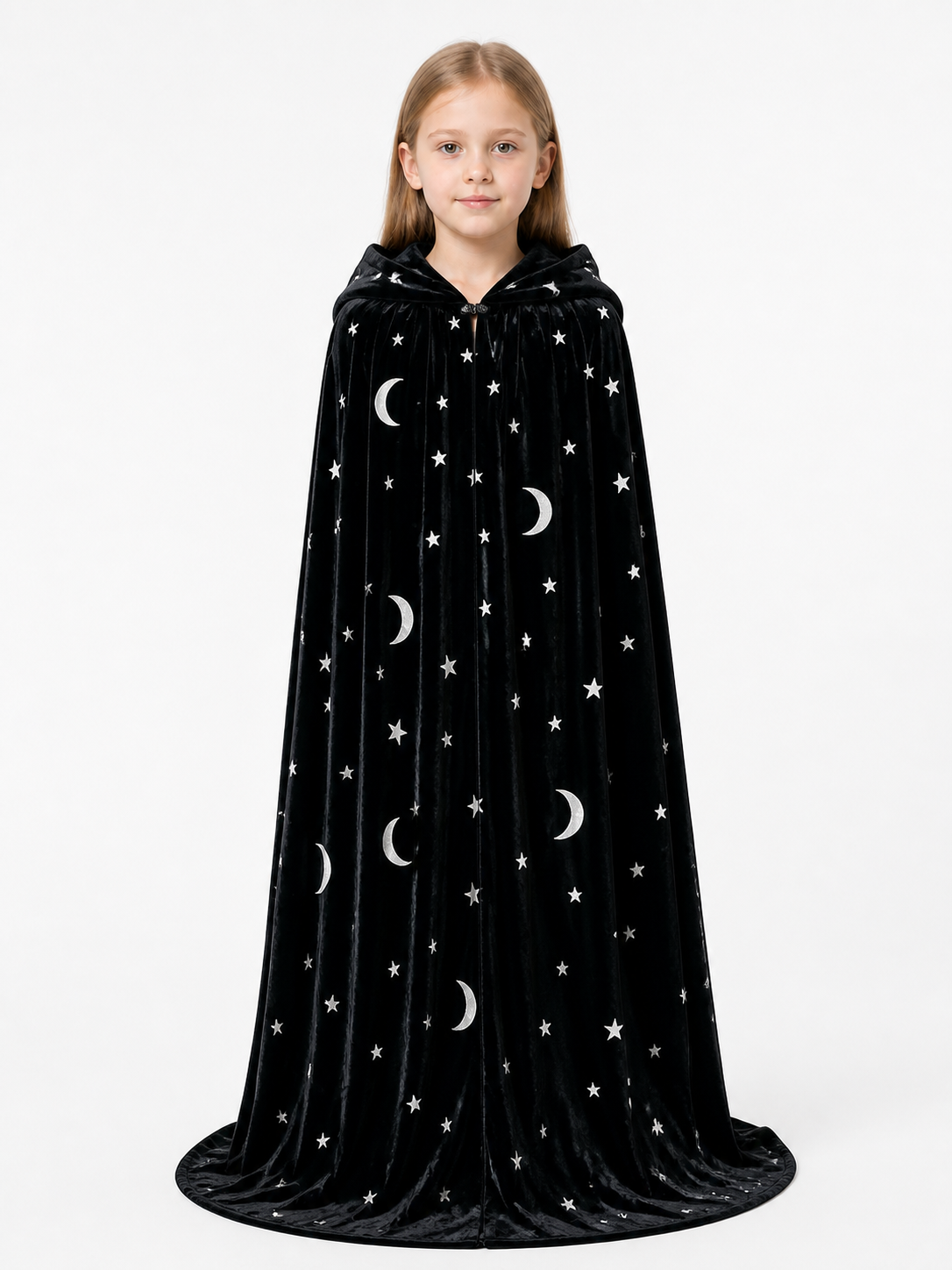 Black Hooded Long Cloak with Moon and Star Pattern