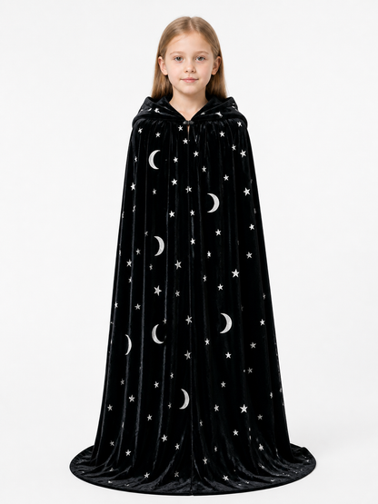 Black Hooded Long Cloak with Moon and Star Pattern