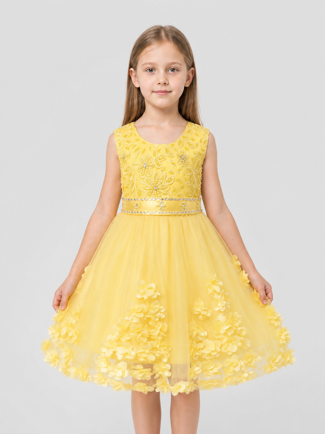 Yellow Girls' Tutu Dress with Flowers and Beads Costume Dresses detail 3
