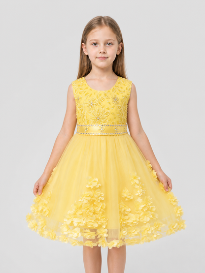 Yellow Girls' Tutu Dress with Flowers and Beads Costume Dresses detail 3
