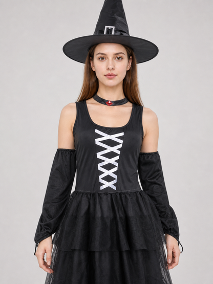 The set includes a black sleeveless dress, a pointed witch hat, separate Costume Dresses detail