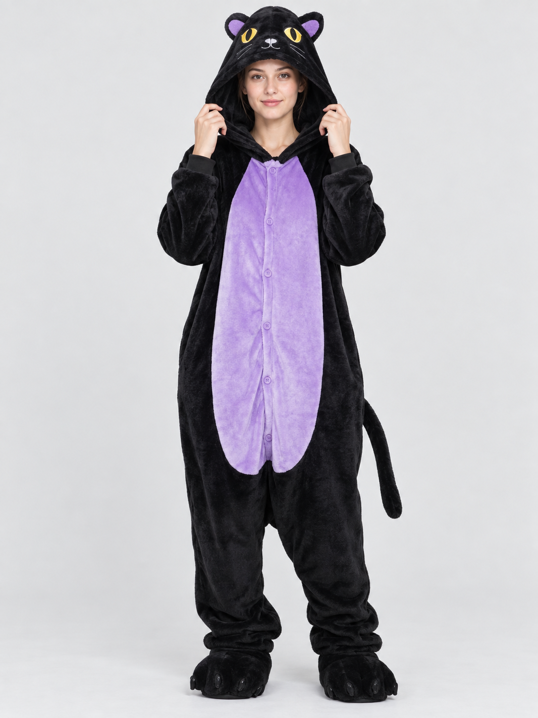 Black Flannel Cat Hooded Kigurumi Pajama