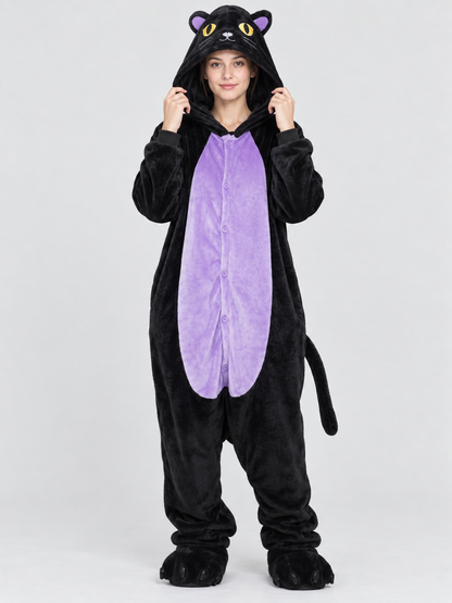 Black Flannel Cat Hooded Kigurumi Pajama