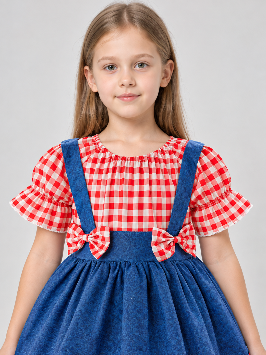 Red Plaid Girls Dress with Bows and Ruffles