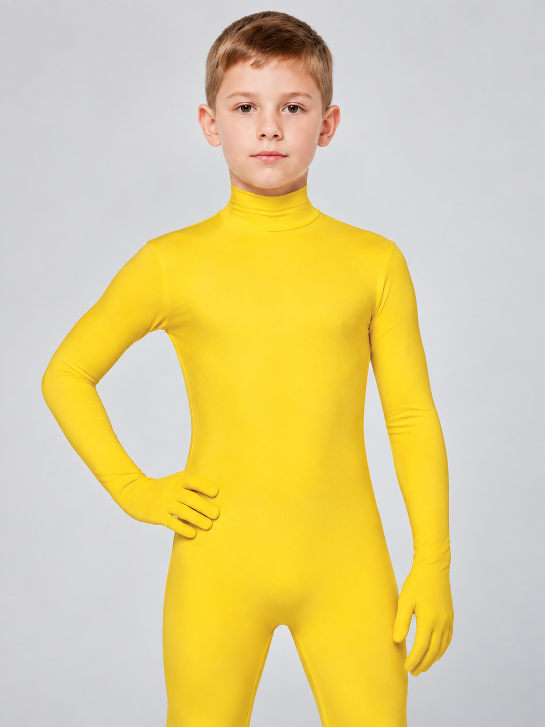 Yellow tight-fitting jumpsuit with full head coverage