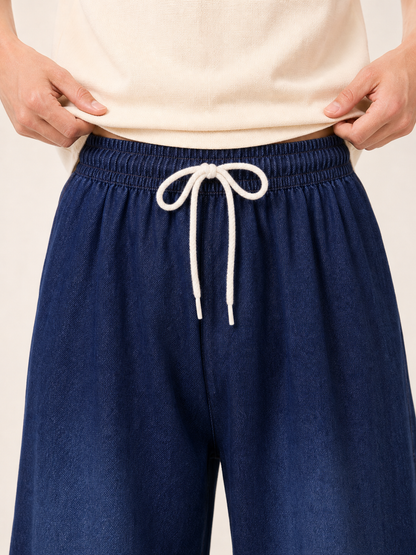 Wide-leg dark navy pants with drawstring