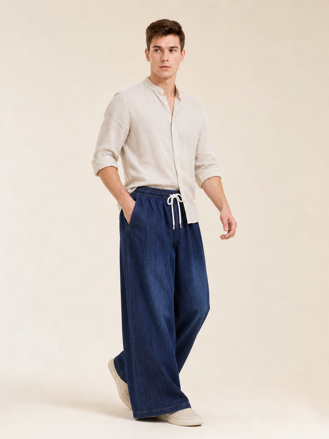 Wide-leg dark navy pants with drawstring