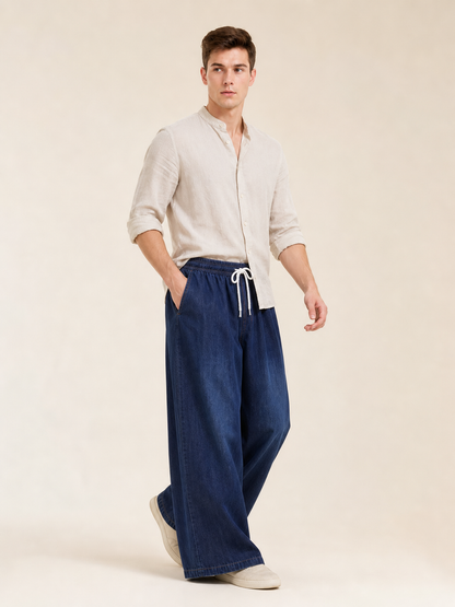 Wide-leg dark navy pants with drawstring