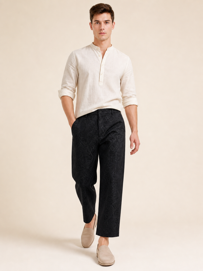 Men's Black Straight-Leg Jacquard Pants