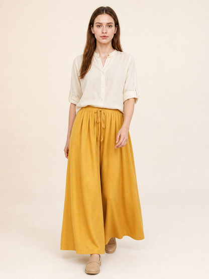 Wide-Leg Yellow High-Waisted Pants with Drawstring
