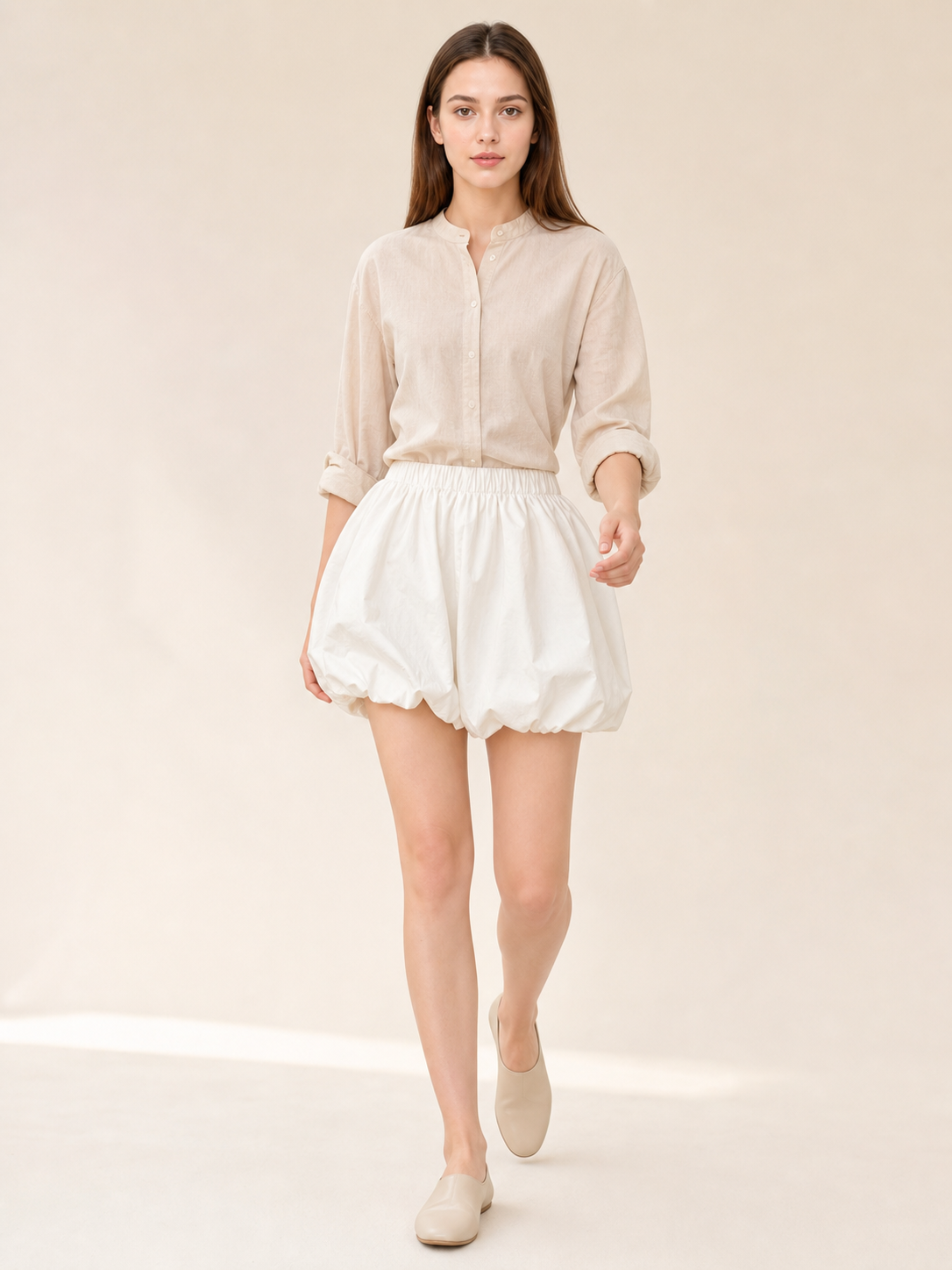 Women's White Balloon Shorts with Elastic Waistband
