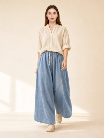 Light Blue Wide-Leg Jeans with Drawstring
