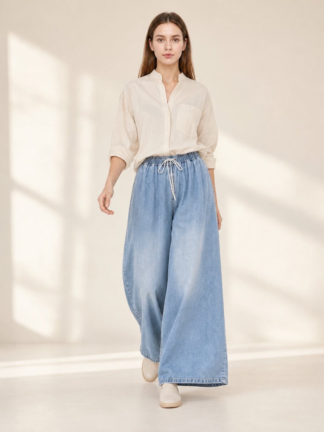 Light Blue Wide-Leg Pants with Drawstring and Pockets