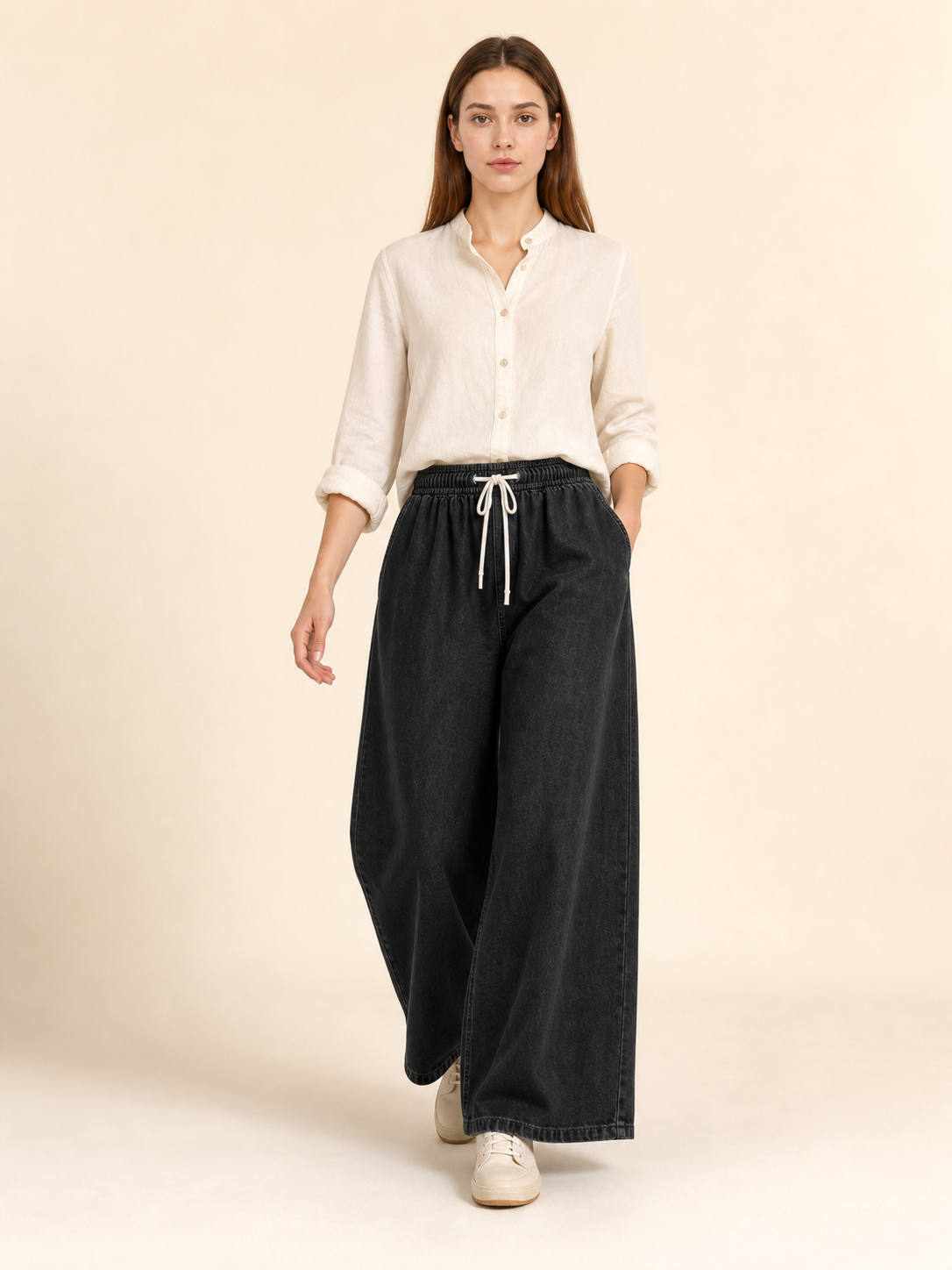 Wide Black Drawstring Pants with Pockets