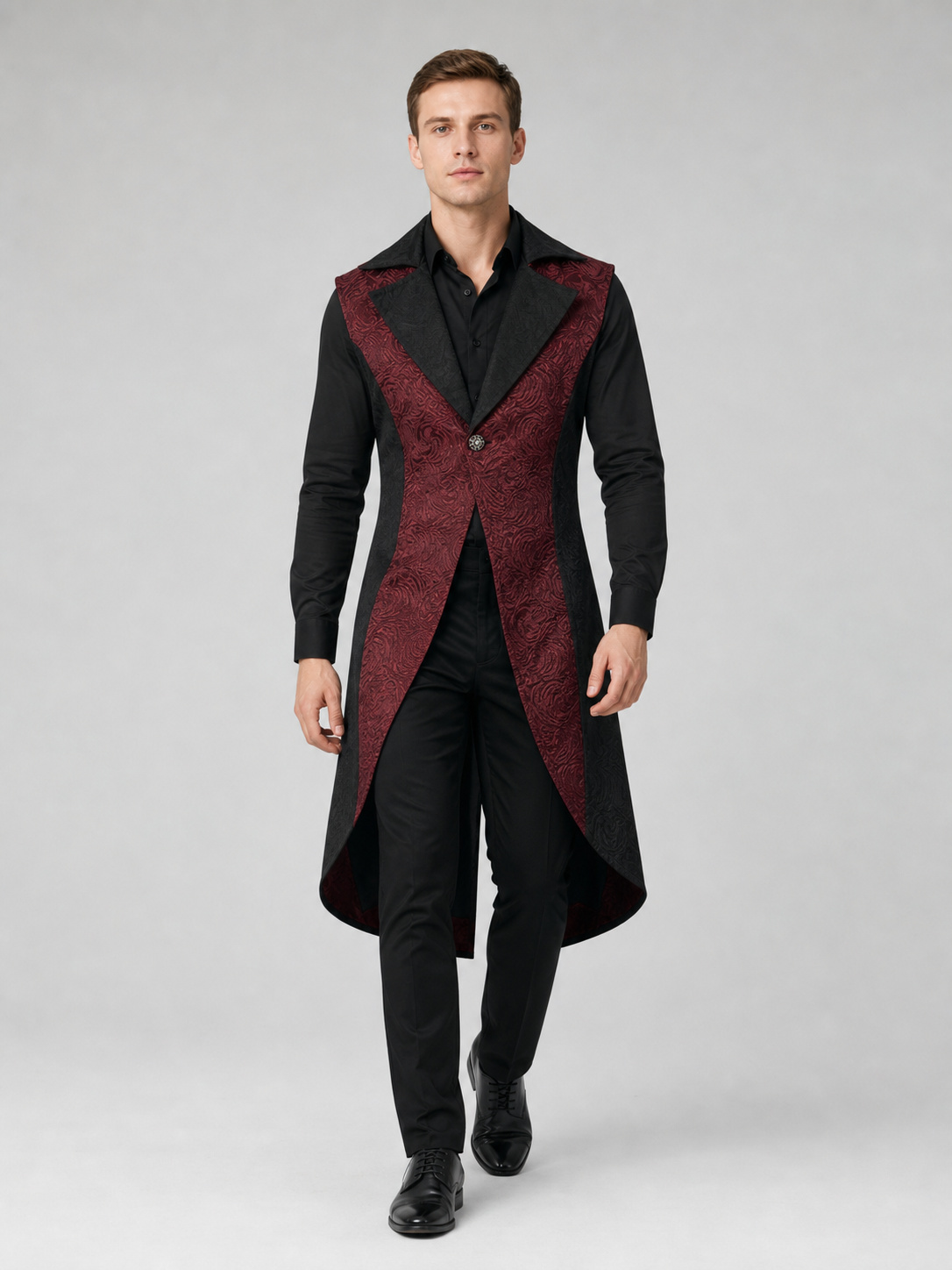 Long Black and Burgundy Steampunk Tailcoat Vest