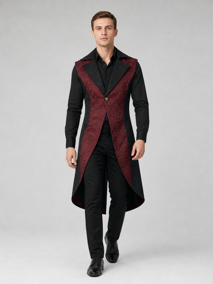 Long Black and Burgundy Steampunk Tailcoat Vest
