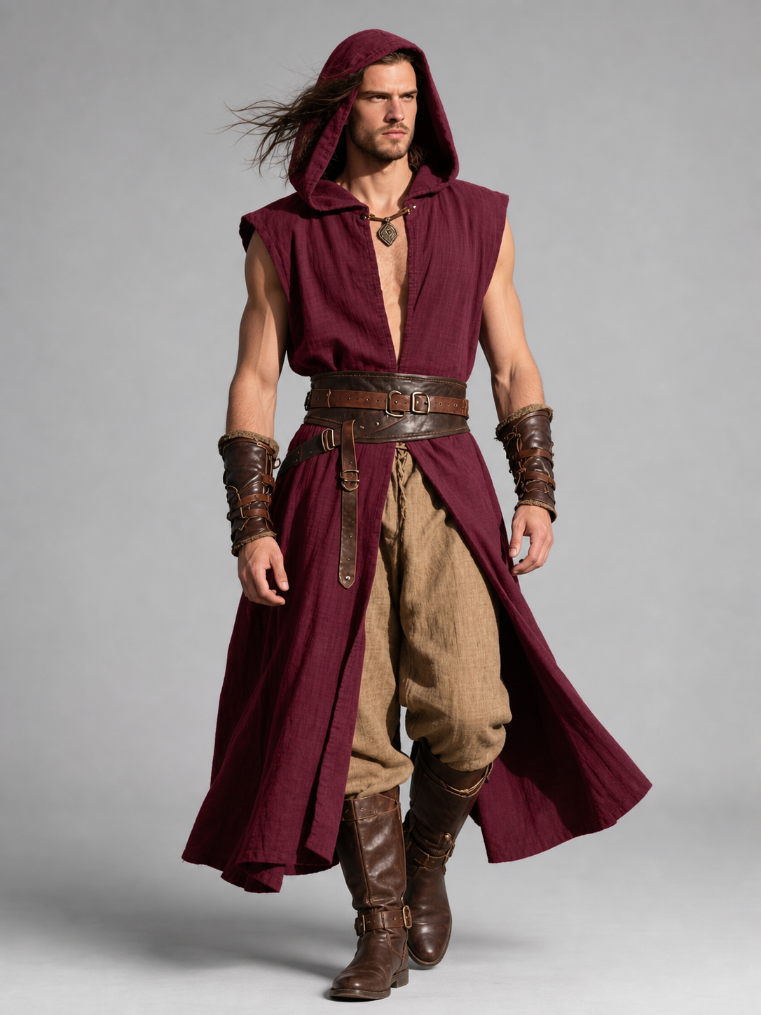 Medieval Hooded Cloak, Wine Red