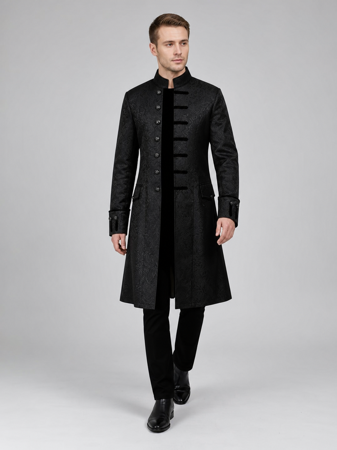 Long Black Jacquard Coat with Stand Collar