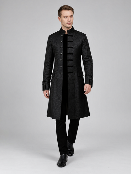 Long Black Jacquard Coat with Stand Collar