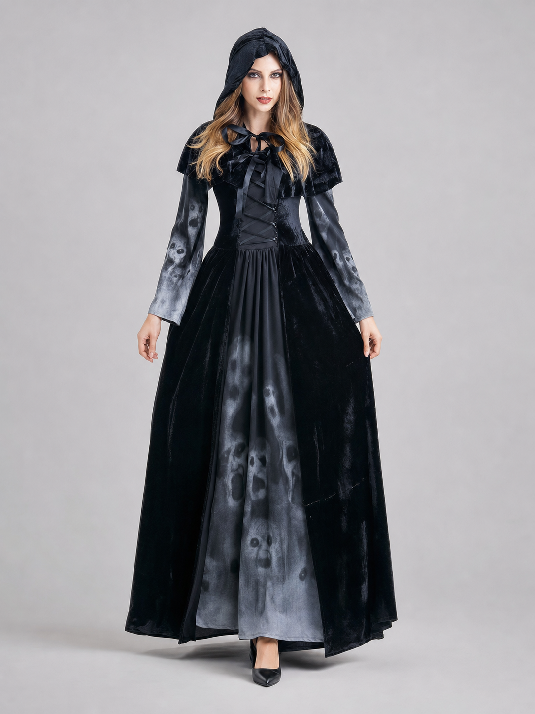 Halloween hooded skull print dress costume