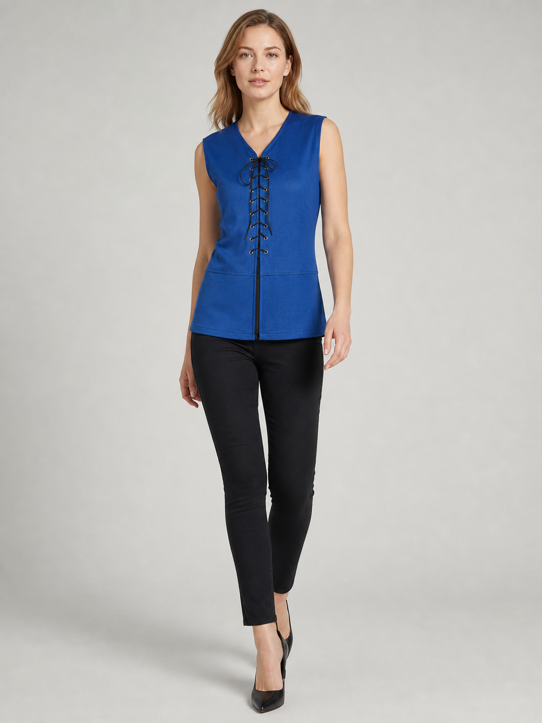 Dark Navy Lace-Up Corset Vest with a V-Neck