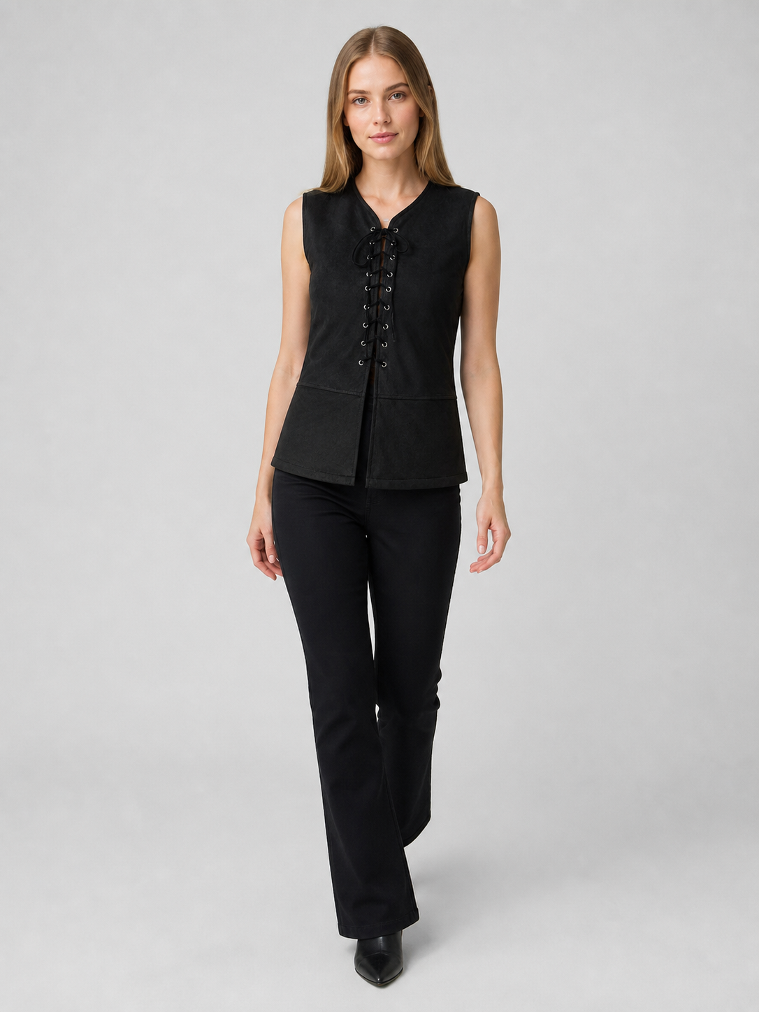 Black Long Lace-Up Vest with V-Neck