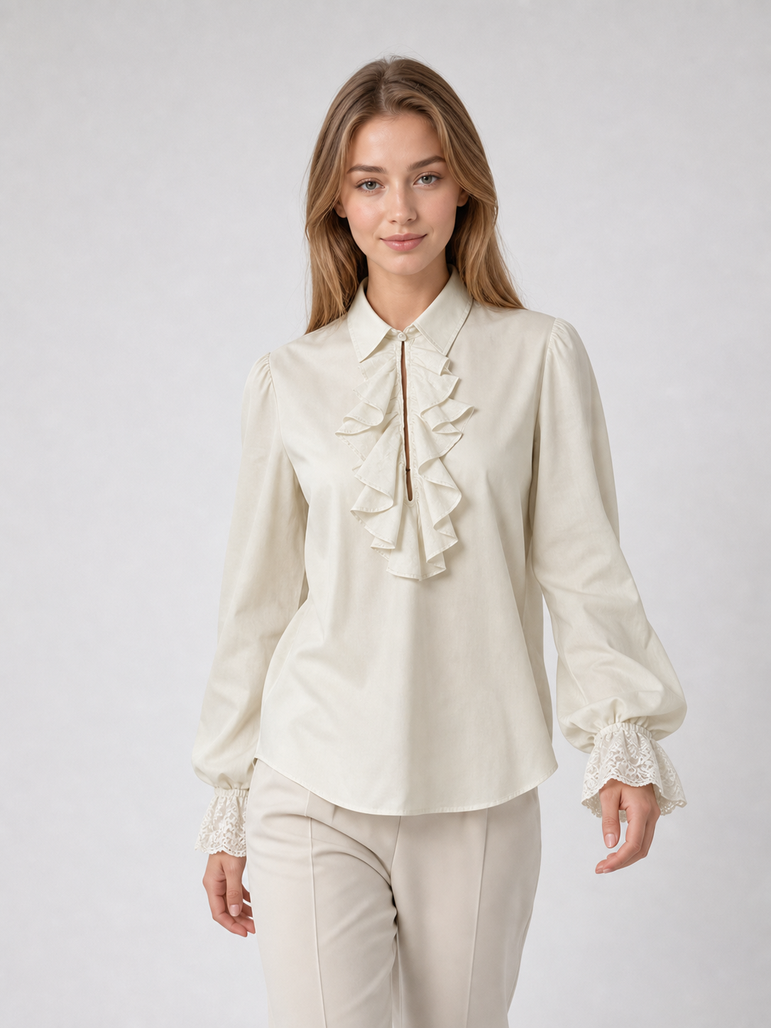 Cream Ruffled Blouse with Lace Cuffs