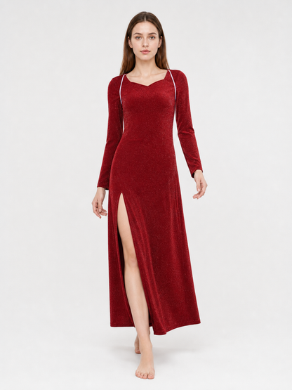 Shrek Costume: Red Long-Sleeve Maxi Dress on-model walking view 2