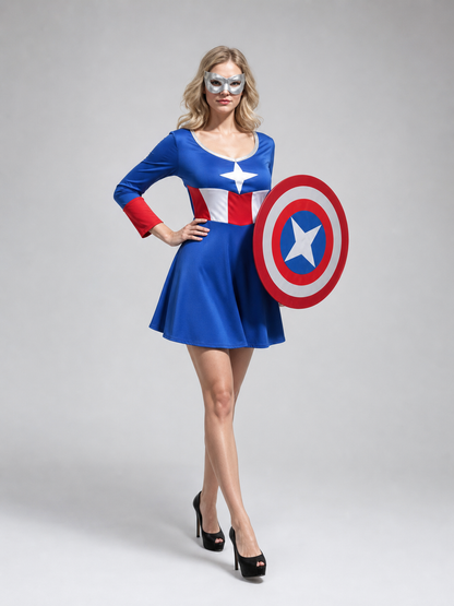 Comic-style superhero costume with mask and shield