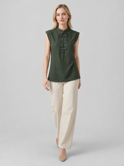 Lace-Up Vest with Stand Collar, Dark Green