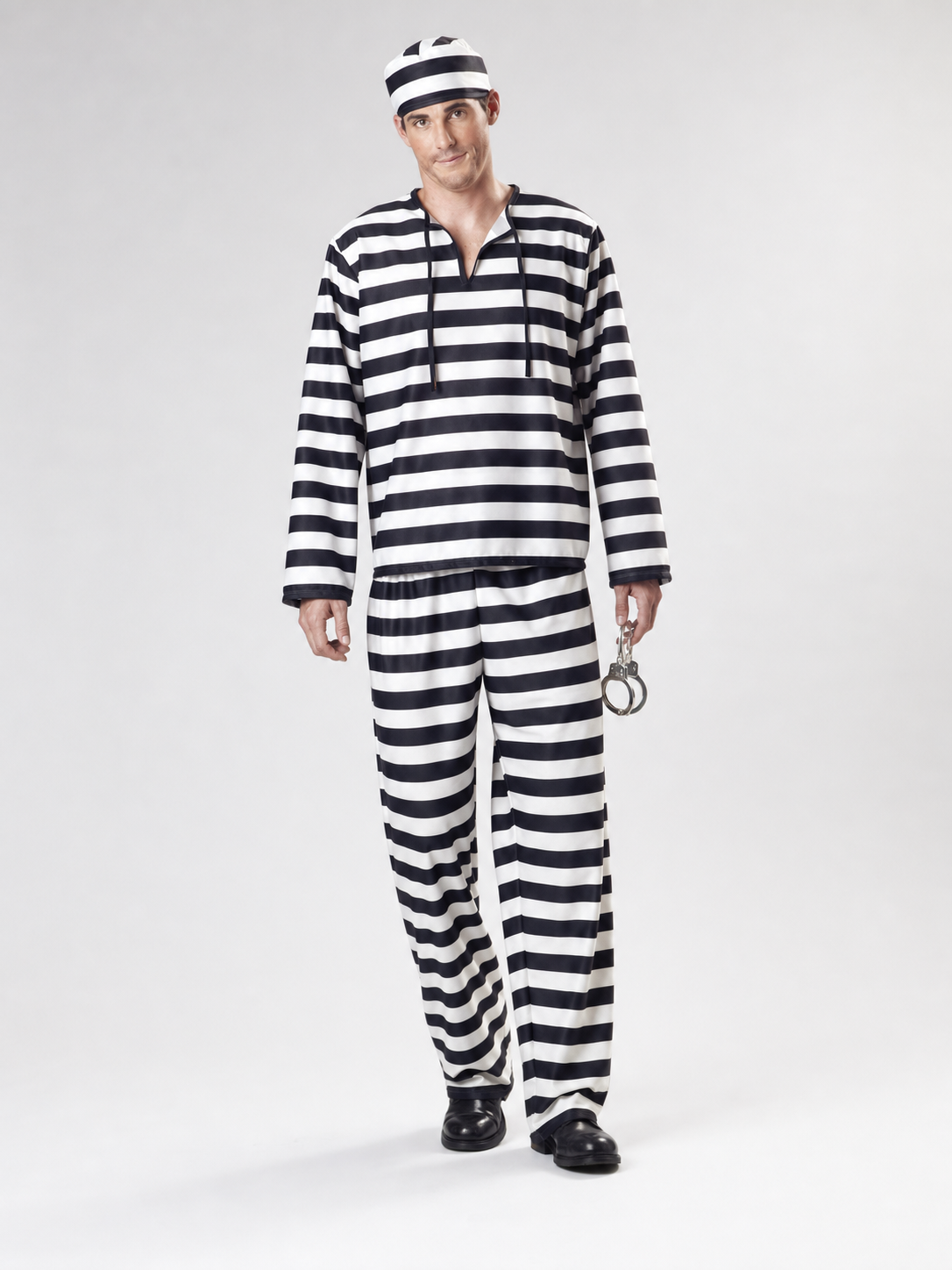 Striped prisoner costume with cap and handcuffs