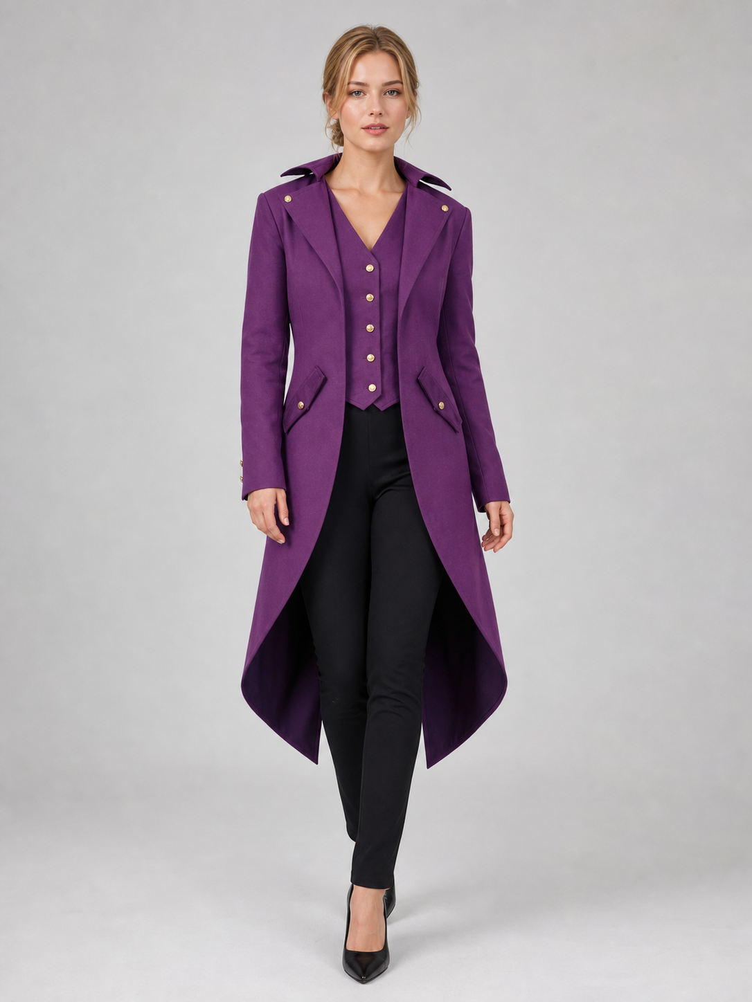 Purple carnival tailcoat with gold buttons