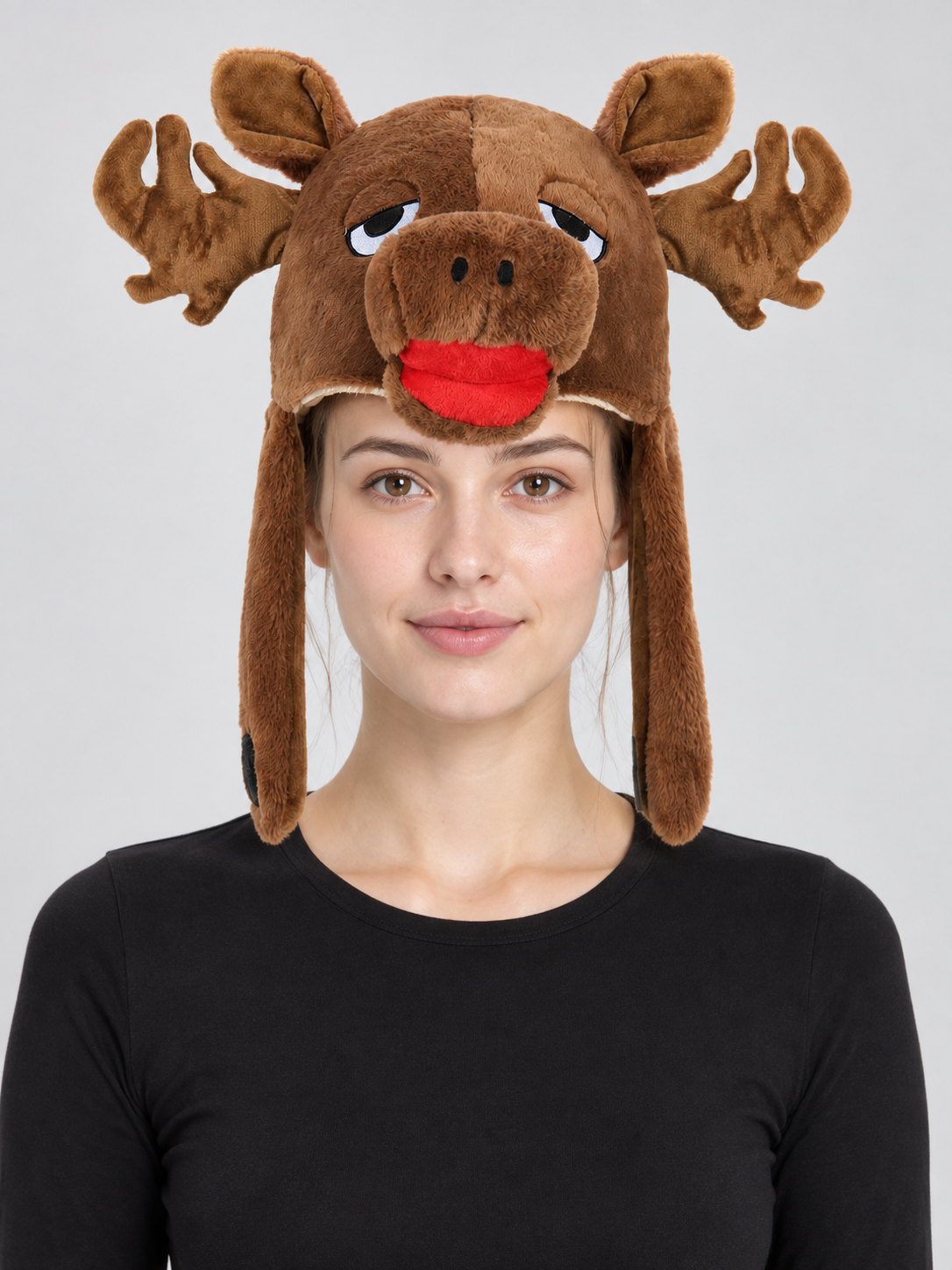 Plush Moose Hat with Antlers and a Three-Dimensional Snout