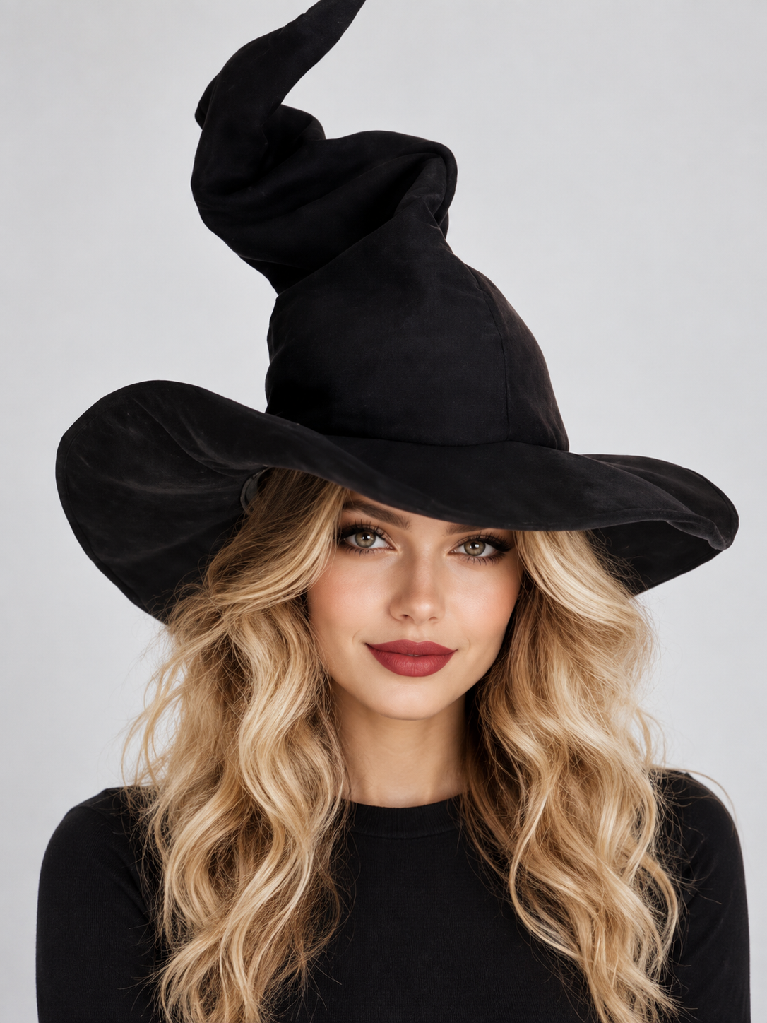 Black Witch Hat with a Wide Brim and Curled Tip on-model view