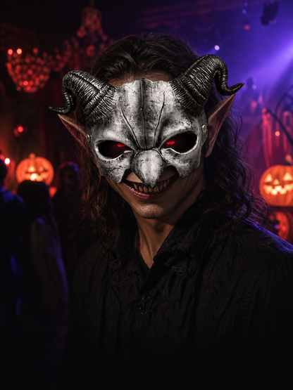 1pc Halloween Devil Half Face Mask with Curled Horns, Red Eye Accents for Cosplay Party