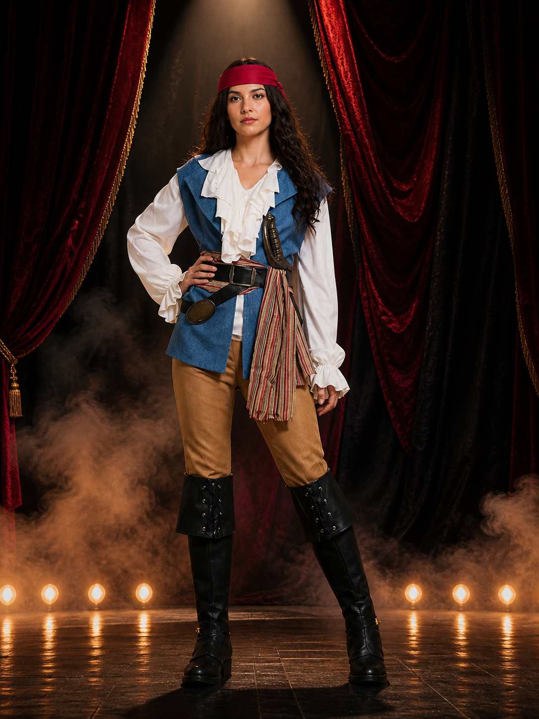 Adult Pirate Costume Set with Vest, Shirt, Pants, Headpiece and Boot Covers Costume Headwear detail 3