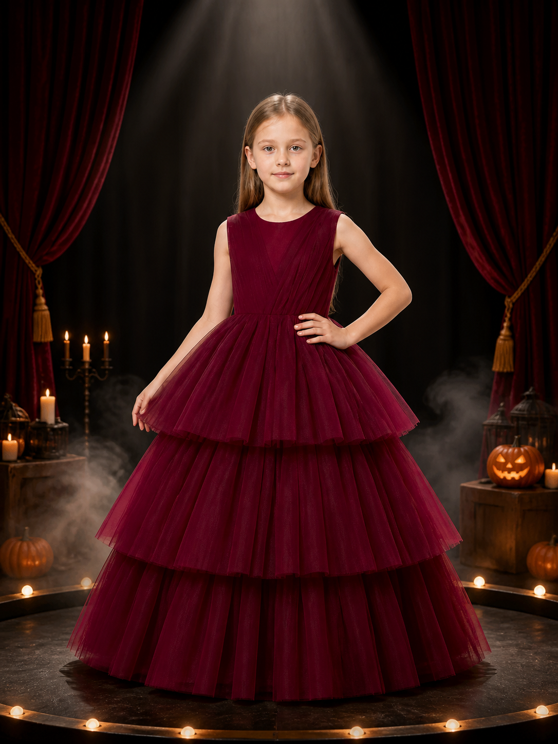 Girls' Burgundy Princess Dress, Sleeveless V-Neck Tiered Tulle Formal Gown Costume Dresses detail 3
